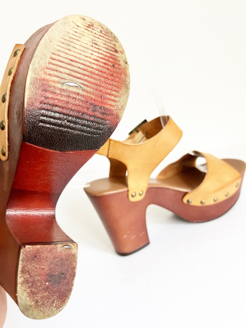 SZ 7 Pierre Dumas Women’s Tan Leather Platform Sandal Heels 70’s - Picture 7 of 9